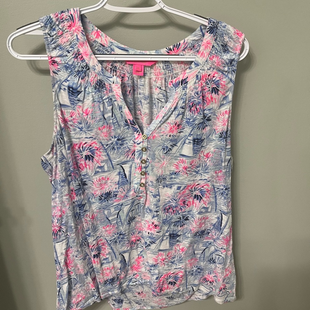 Lilly Pulitzer Pink & Blue Floral Palm Henley Tank